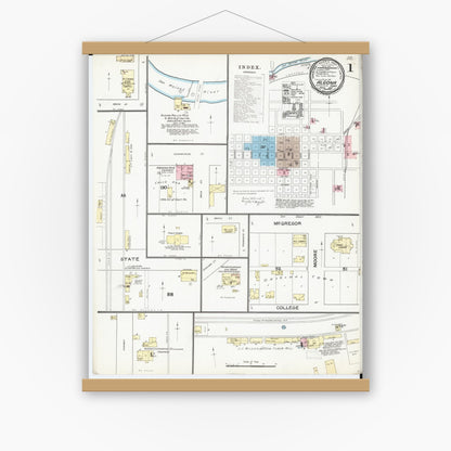 Old map wall art mockup — magnetic wood frame on white wall — Sanborn Fire Insurance Map from Algona, Kossuth County, Iowa (1892), Sheet #0001