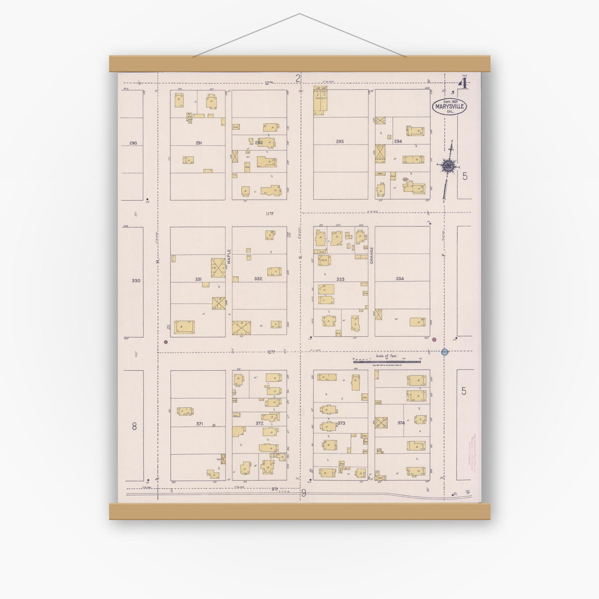 Old map wall art mockup — magnetic wood frame on white wall — Sanborn Fire Insurance Map from Marysville, Yuba County, California (1921), Sheet #0004