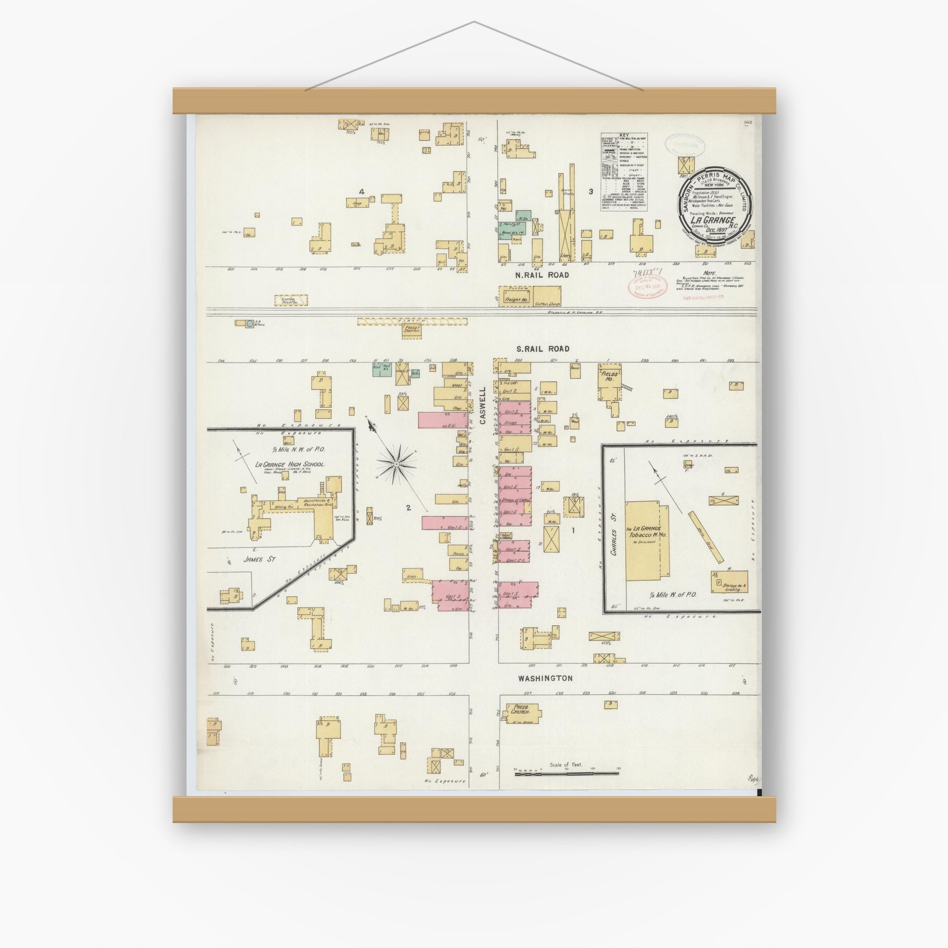 Old map wall art mockup — magnetic wood frame on white wall — Sanborn Fire Insurance Map from La Grange, Lenoir County, North Carolina (1897), Sheet #0001