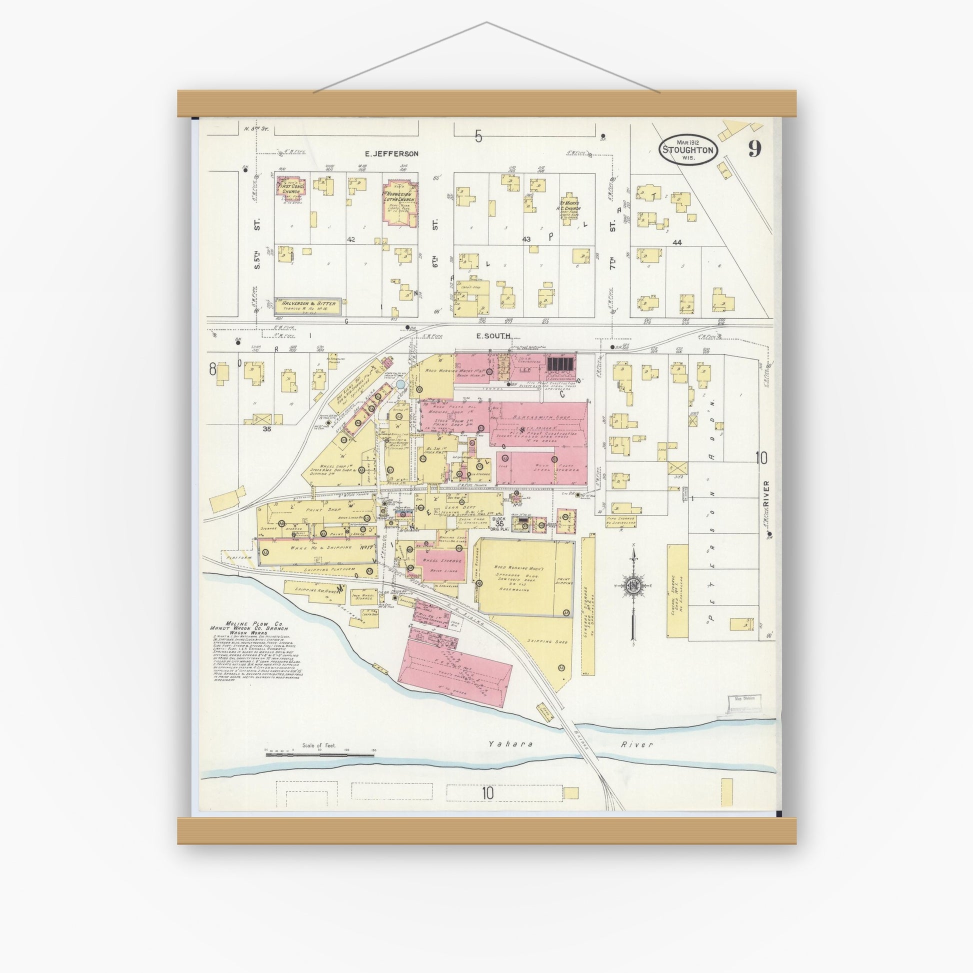Old map wall art mockup — magnetic wood frame on white wall — Sanborn Fire Insurance Map from Stoughton, Dane County, Wisconsin (1912), Sheet #0009