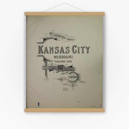 Old map wall art mockup — magnetic wood frame on white wall — Sanborn Fire Insurance Map from Kansas City, Jackson, Clay, And Platte Counties, Missouri (1939), Sheet #0001