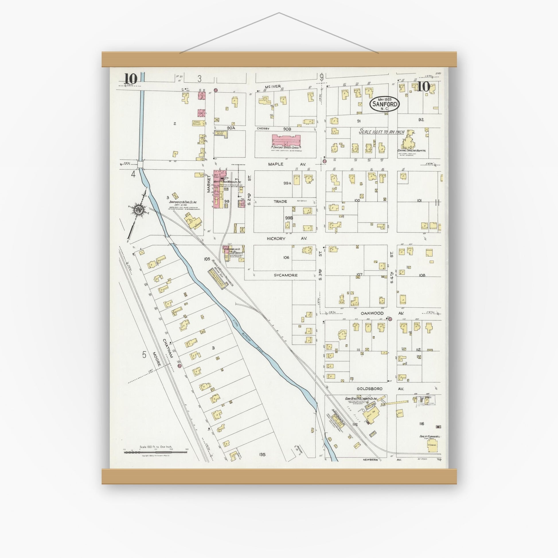 Old map wall art mockup — magnetic wood frame on white wall — Sanborn Fire Insurance Map from Sanford, Lee County, North Carolina (1925), Sheet #0010