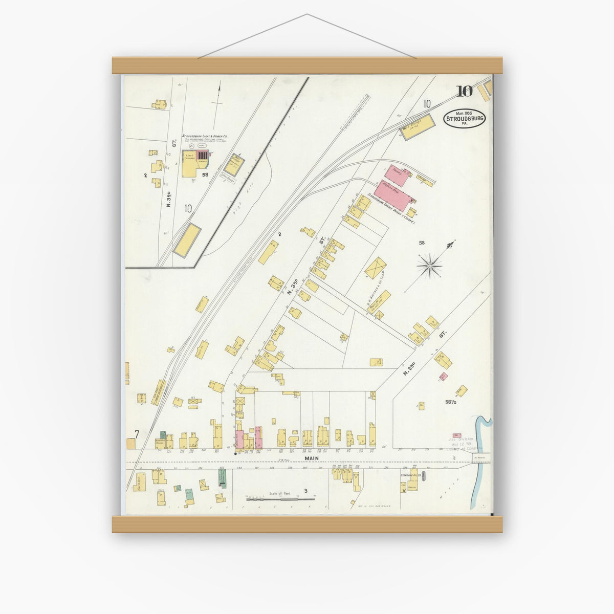 Old map wall art mockup — magnetic wood frame on white wall — Sanborn Fire Insurance Map from Stroudsburg, Monroe County, Pennsylvania (1905), Sheet #0010