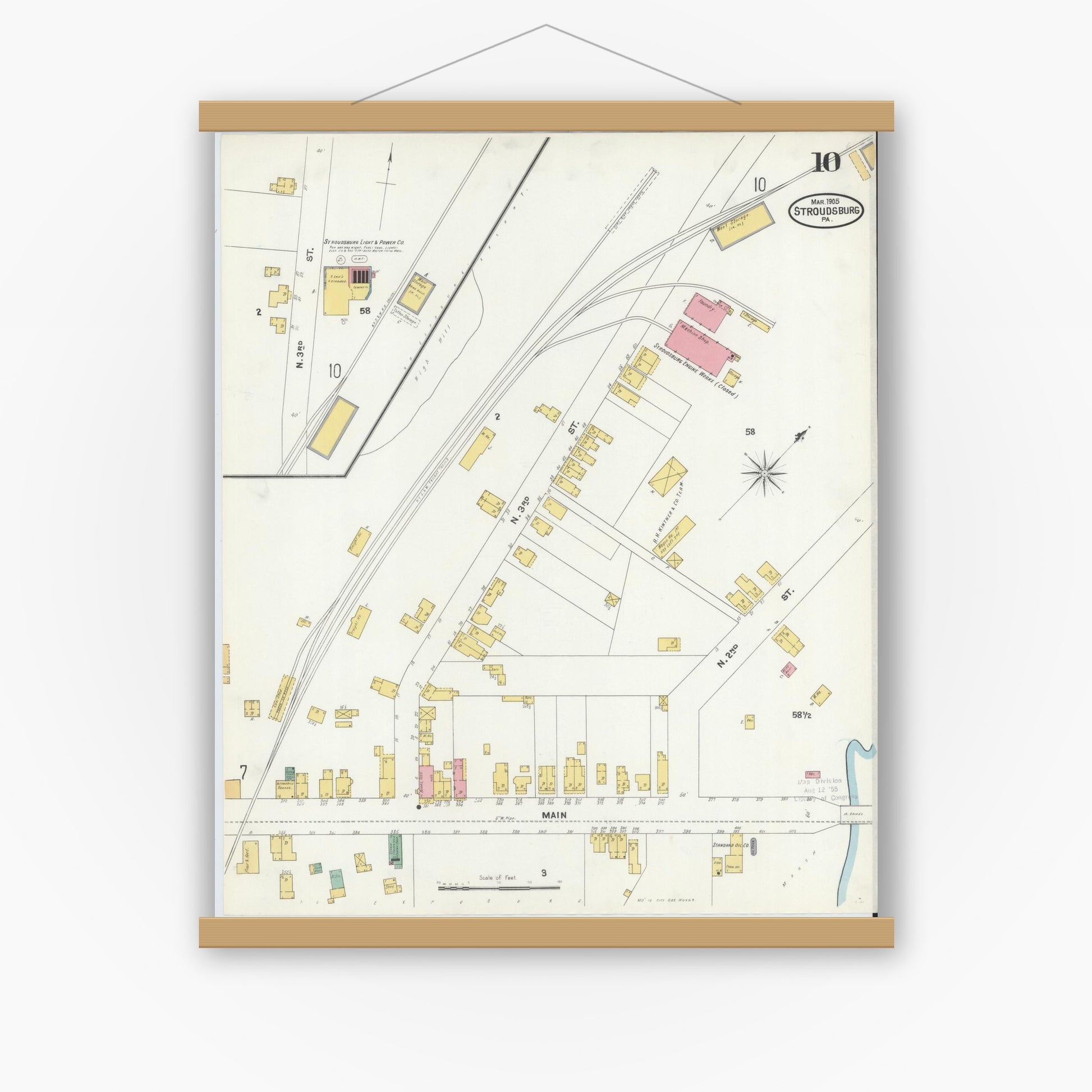 Old map wall art mockup — magnetic wood frame on white wall — Sanborn Fire Insurance Map from Stroudsburg, Monroe County, Pennsylvania (1905), Sheet #0010
