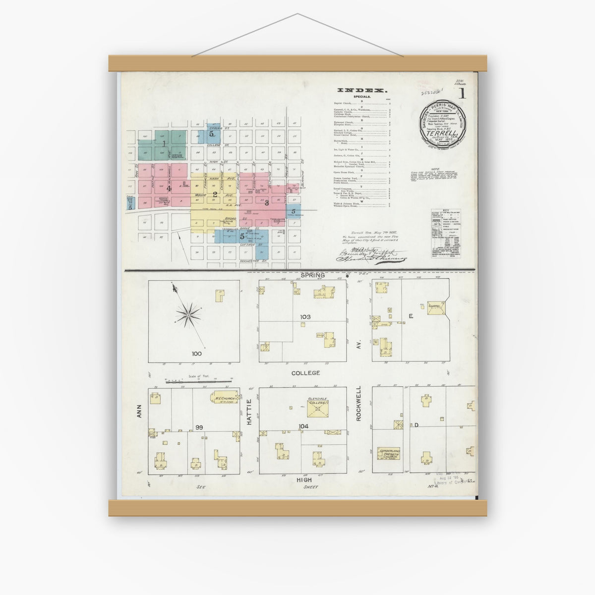 Old map wall art mockup — magnetic wood frame on white wall — Sanborn Fire Insurance Map from Terrell, Kaufman County, Texas (1892) - Complete Map Set