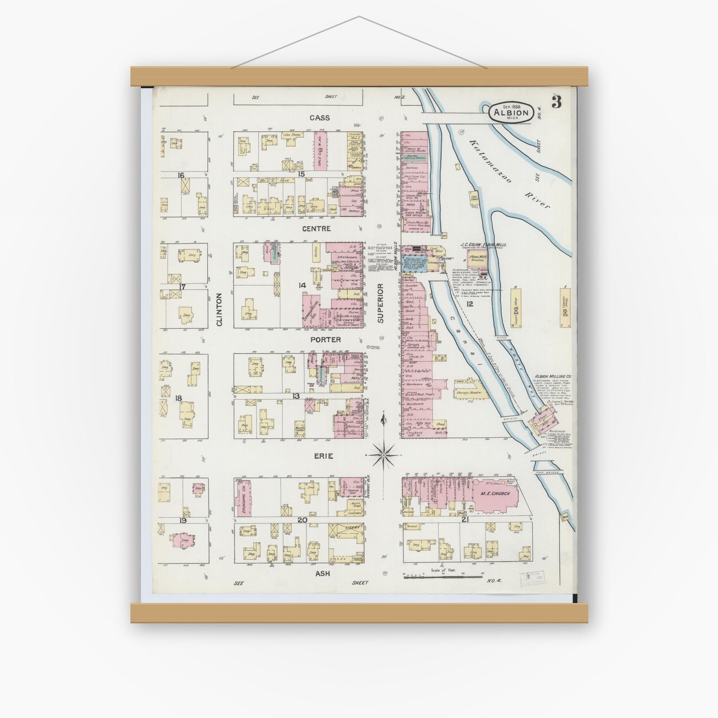Old map wall art mockup — magnetic wood frame on white wall — Sanborn Fire Insurance Map from Albion, Calhoun County, Michigan (1888), Sheet #0003