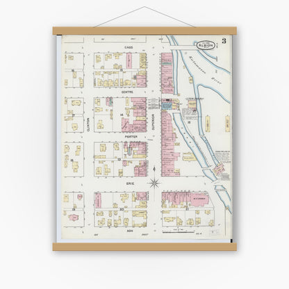 Old map wall art mockup — magnetic wood frame on white wall — Sanborn Fire Insurance Map from Albion, Calhoun County, Michigan (1888), Sheet #0003