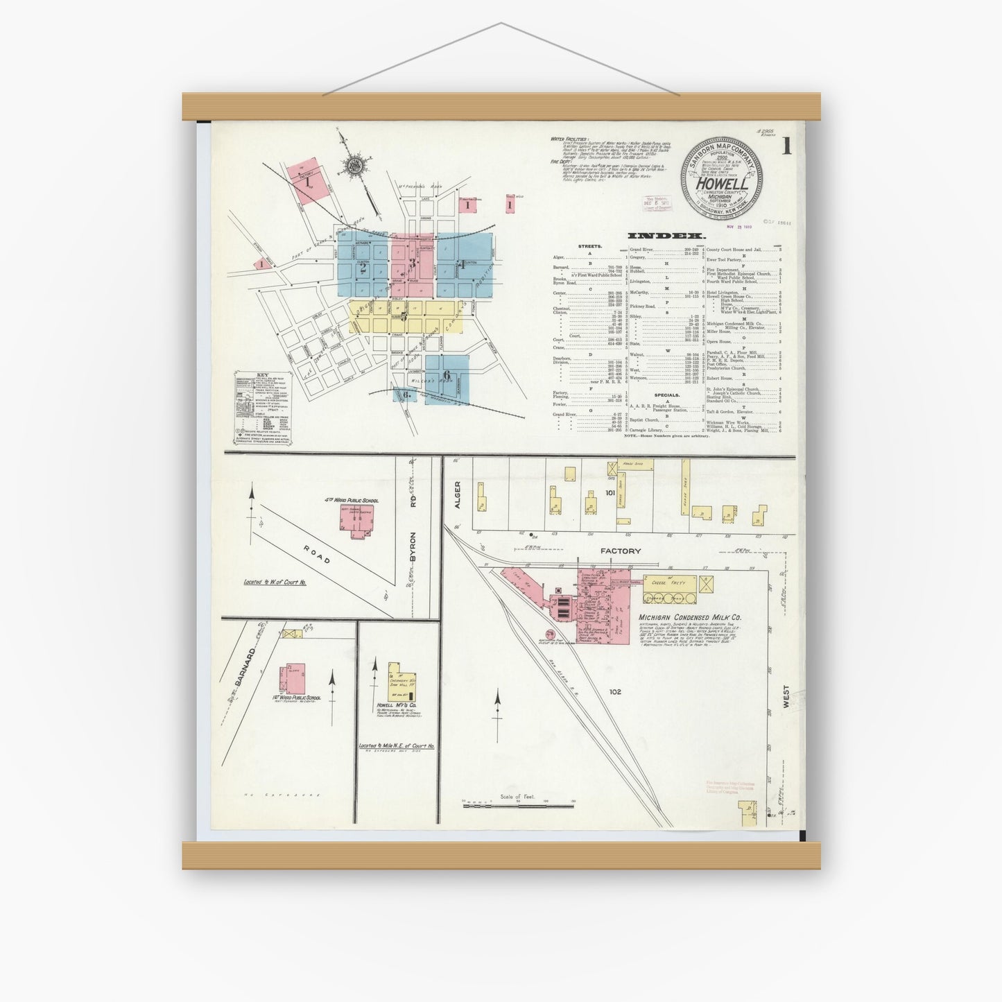 Old map wall art mockup — magnetic wood frame on white wall — Sanborn Fire Insurance Map from Howell, Livingston County, Michigan (1910) - Complete Map Set