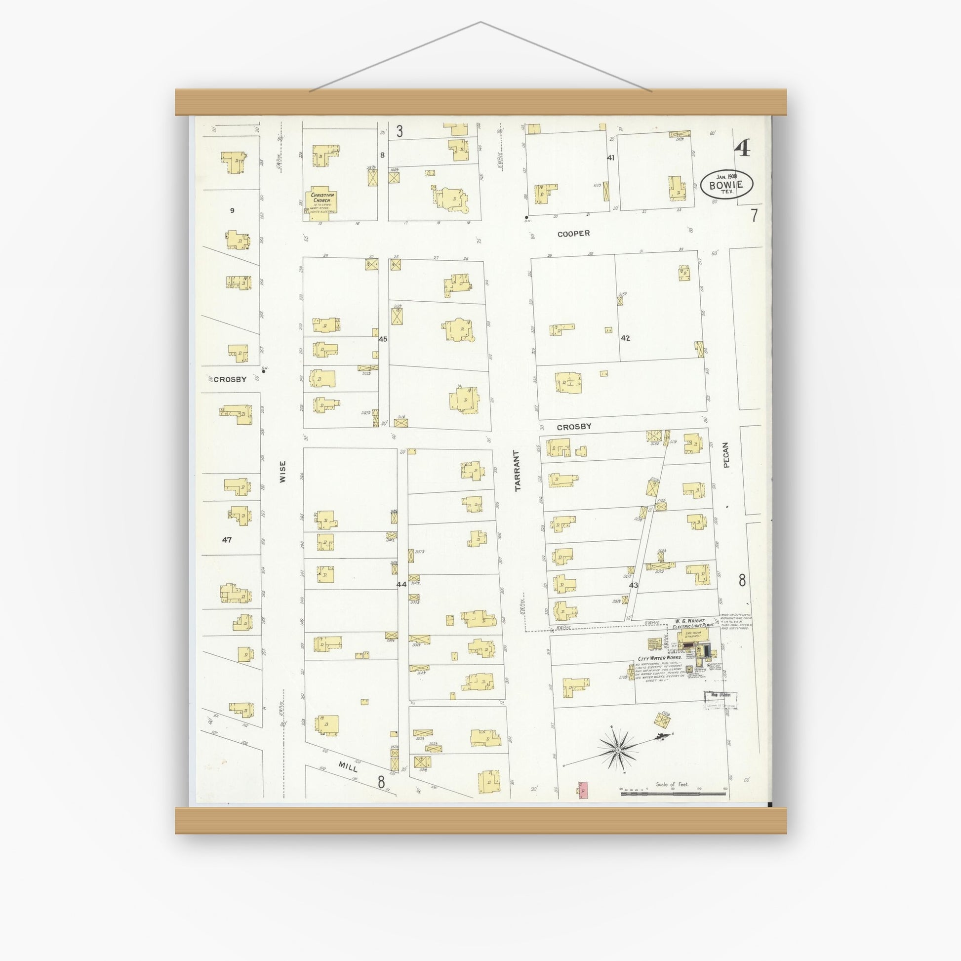 Old map wall art mockup — magnetic wood frame on white wall — Sanborn Fire Insurance Map from Bowie, Montague County, Texas (1908), Sheet #0004