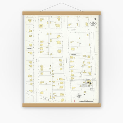 Old map wall art mockup — magnetic wood frame on white wall — Sanborn Fire Insurance Map from Bowie, Montague County, Texas (1908), Sheet #0004