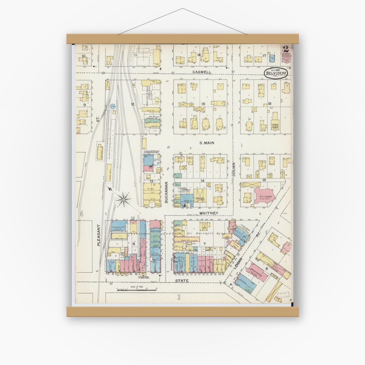 Old map wall art mockup — magnetic wood frame on white wall — Sanborn Fire Insurance Map from Belvidere, Boone County, Illinois (1892), Sheet #0002