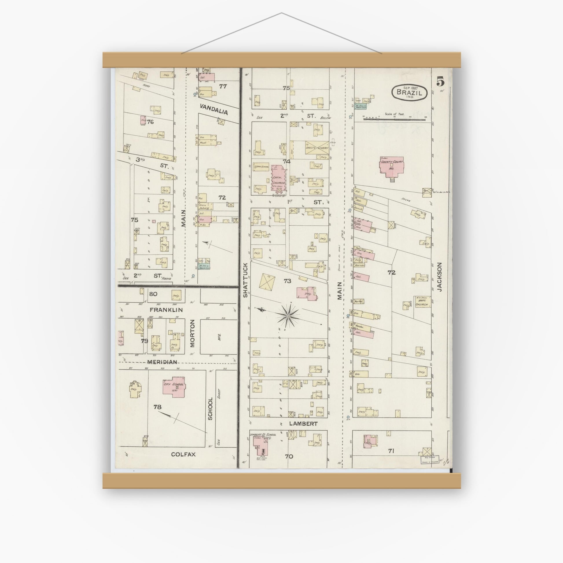 Old map wall art mockup — magnetic wood frame on white wall — Sanborn Fire Insurance Map from Brazil, Clay County, Indiana (1887), Sheet #0005