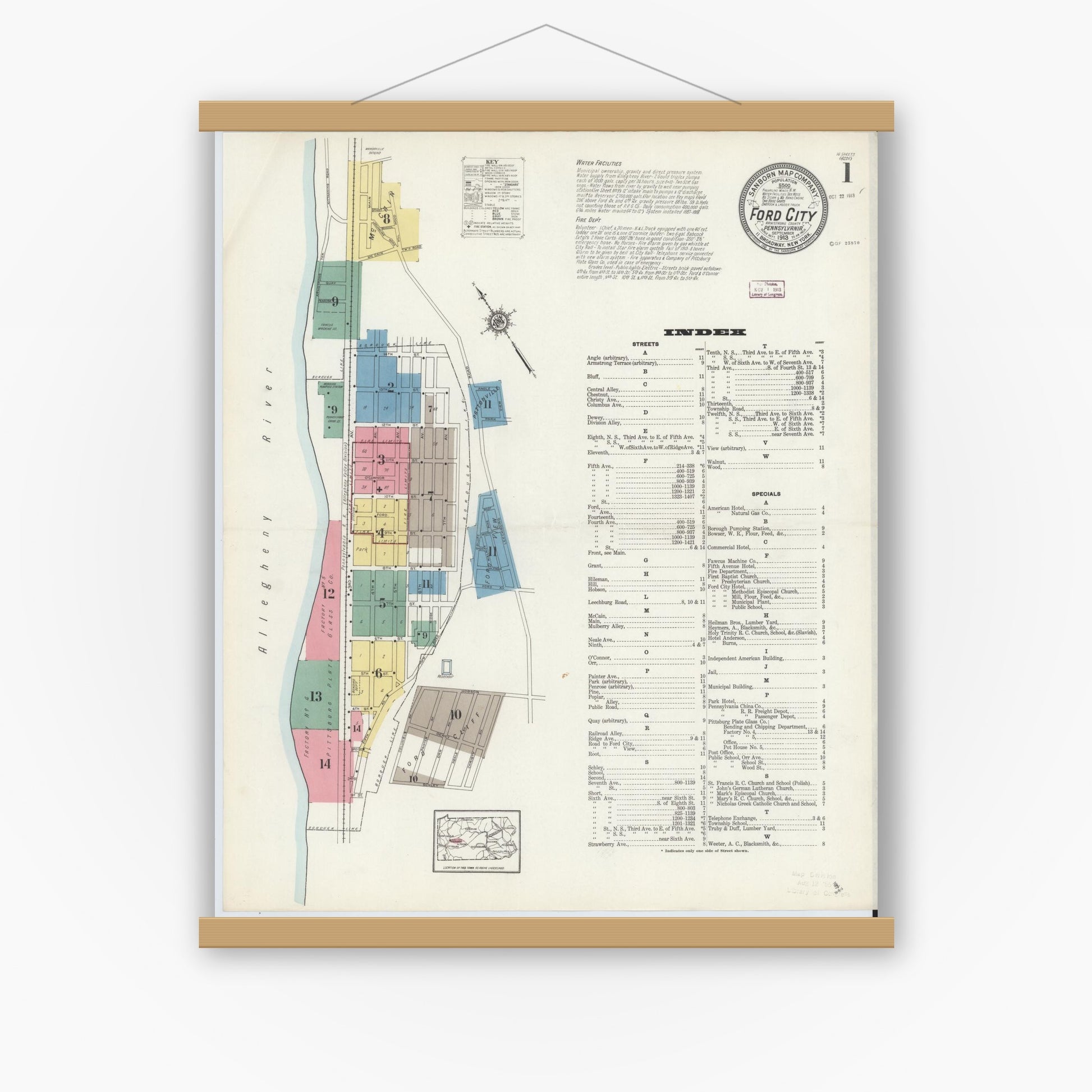 Old map wall art mockup — magnetic wood frame on white wall — Sanborn Fire Insurance Map from Ford City, Armstrong County, Pennsylvania (1913), Sheet #0001