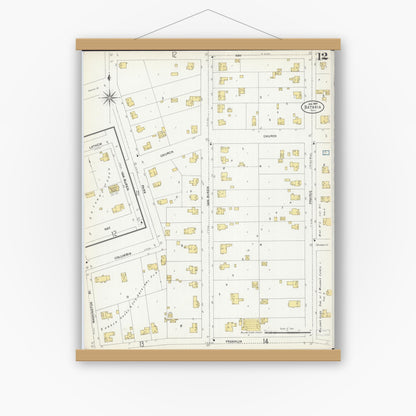 Old map wall art mockup — magnetic wood frame on white wall — Sanborn Fire Insurance Map from Batavia, Kane County, Illinois (1907), Sheet #0012