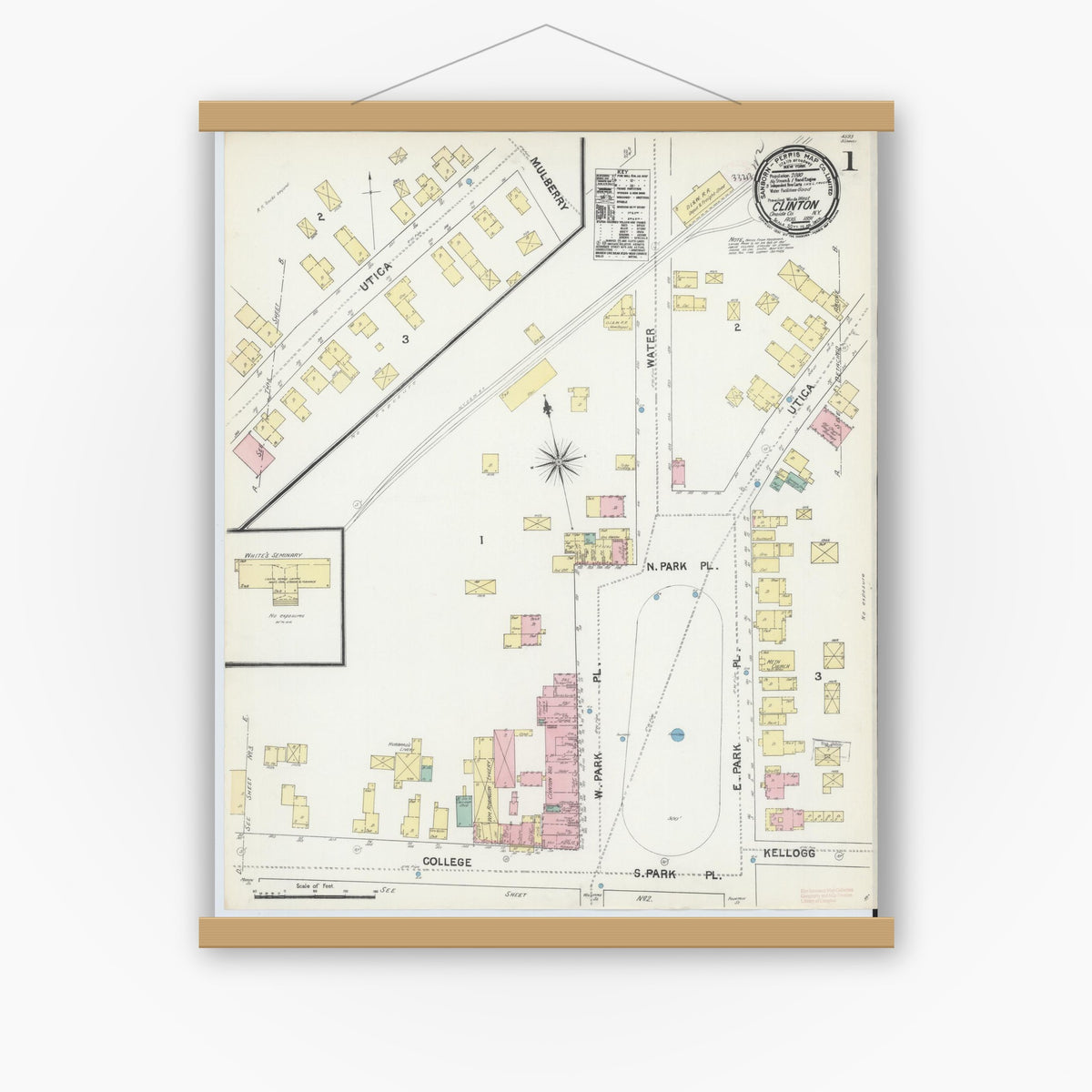 Old map wall art mockup — magnetic wood frame on white wall — Sanborn Fire Insurance Map from Clinton, Oneida County, New York (1891), Sheet #0001