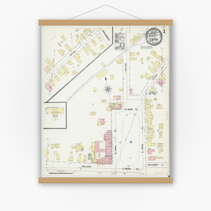 Old map wall art mockup — magnetic wood frame on white wall — Sanborn Fire Insurance Map from Clinton, Oneida County, New York (1891), Sheet #0001