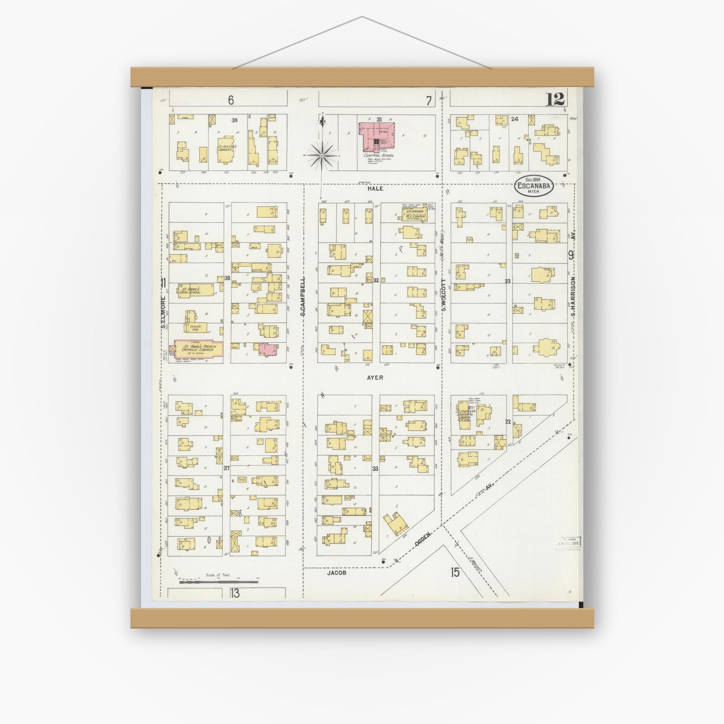 Old map wall art mockup — magnetic wood frame on white wall — Sanborn Fire Insurance Map from Escanaba, Delta County, Michigan (1899), Sheet #0012