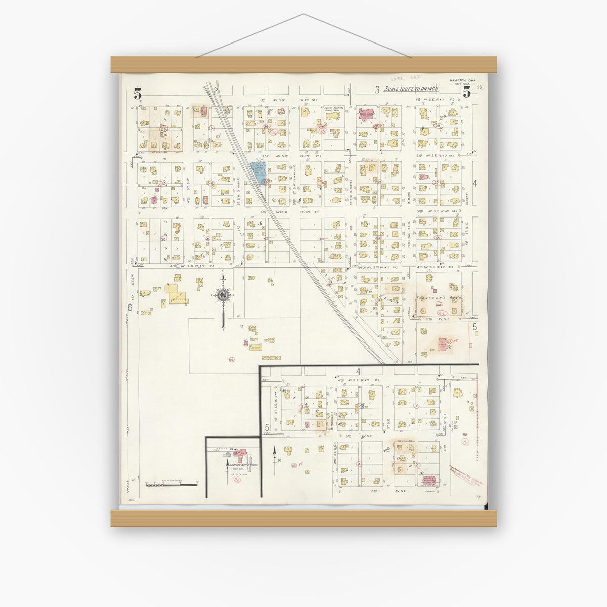 Old map wall art mockup — magnetic wood frame on white wall — Sanborn Fire Insurance Map from Hampton, Franklin County, Iowa (1944), Sheet #0005