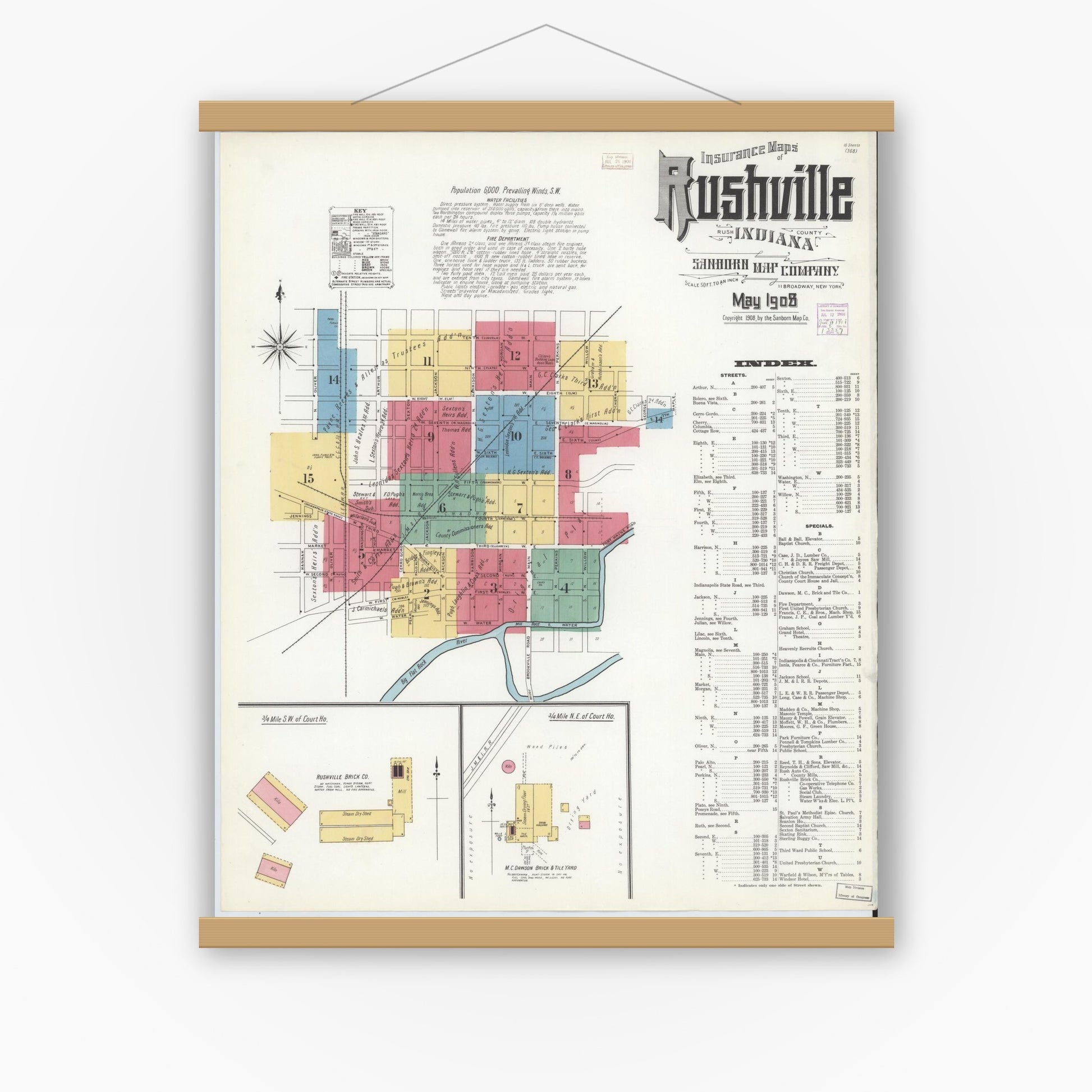 Old map wall art mockup — magnetic wood frame on white wall — Sanborn Fire Insurance Map from Rushville, Rush County, Indiana (1908) - Complete Map Set