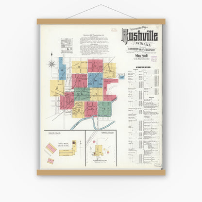 Old map wall art mockup — magnetic wood frame on white wall — Sanborn Fire Insurance Map from Rushville, Rush County, Indiana (1908) - Complete Map Set