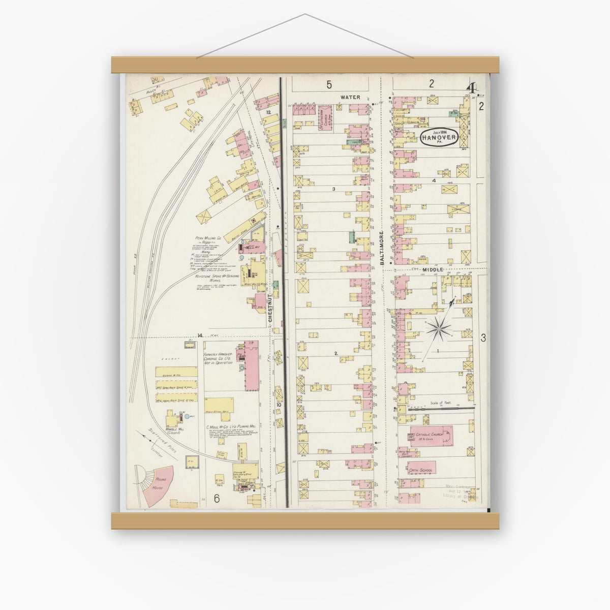 Old map wall art mockup — magnetic wood frame on white wall — Sanborn Fire Insurance Map from Hanover, York County, Pennsylvania (1896), Sheet #0004