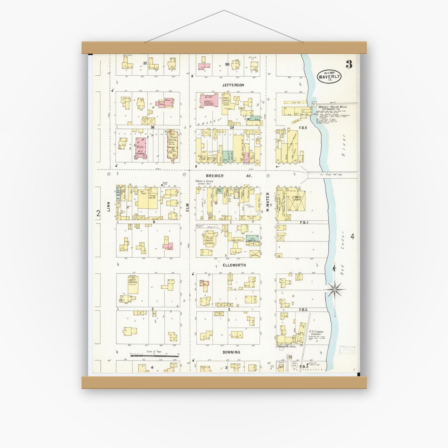 Old map wall art mockup — magnetic wood frame on white wall — Sanborn Fire Insurance Map from Waverly, Bremer County, Iowa (1897), Sheet #0003