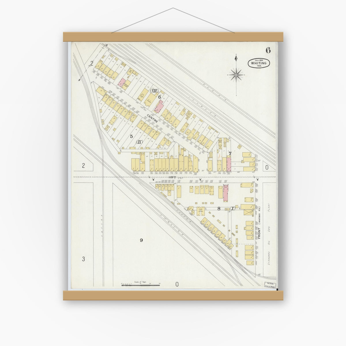 Old map wall art mockup — magnetic wood frame on white wall — Sanborn Fire Insurance Map from Whiting, Lake County, Indiana (1896), Sheet #0006