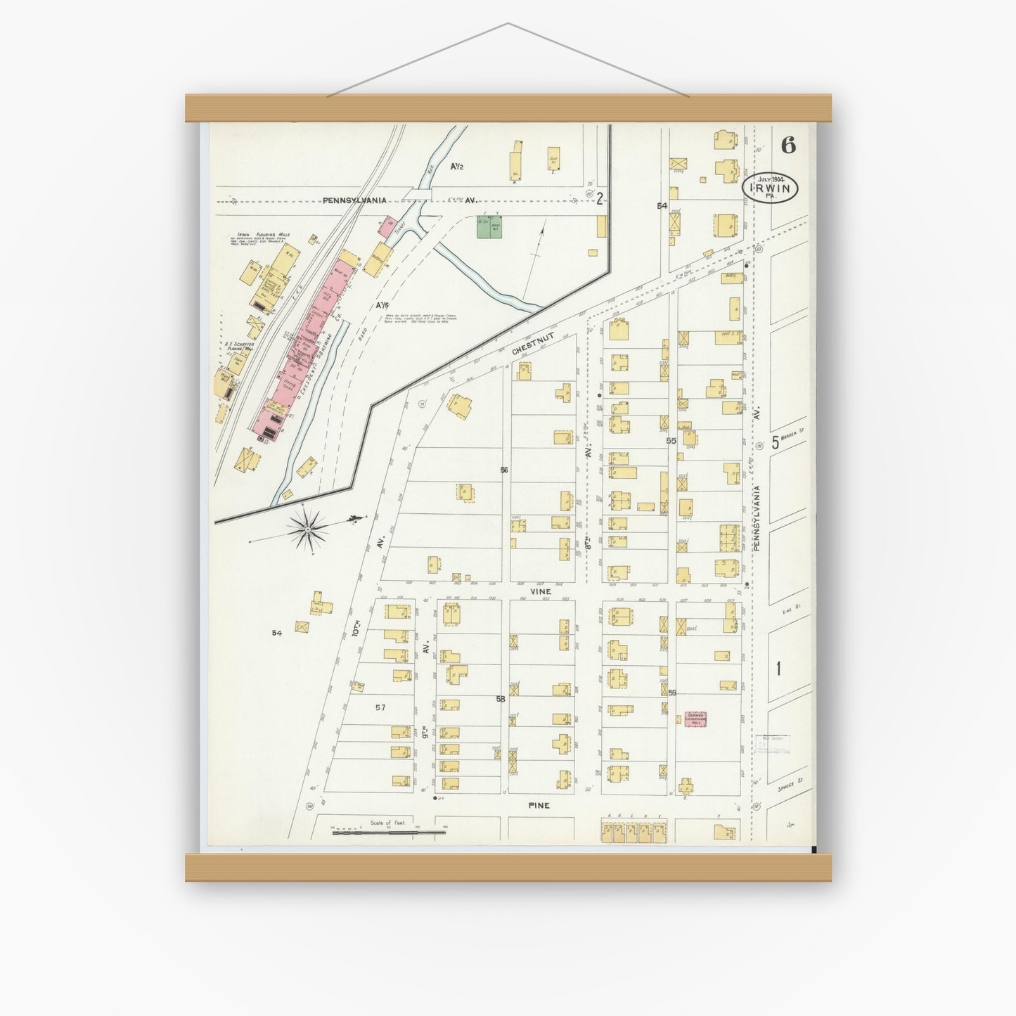 Old map wall art mockup — magnetic wood frame on white wall — Sanborn Fire Insurance Map from Irwin, Westmoreland County, Pennsylvania (1904), Sheet #0006