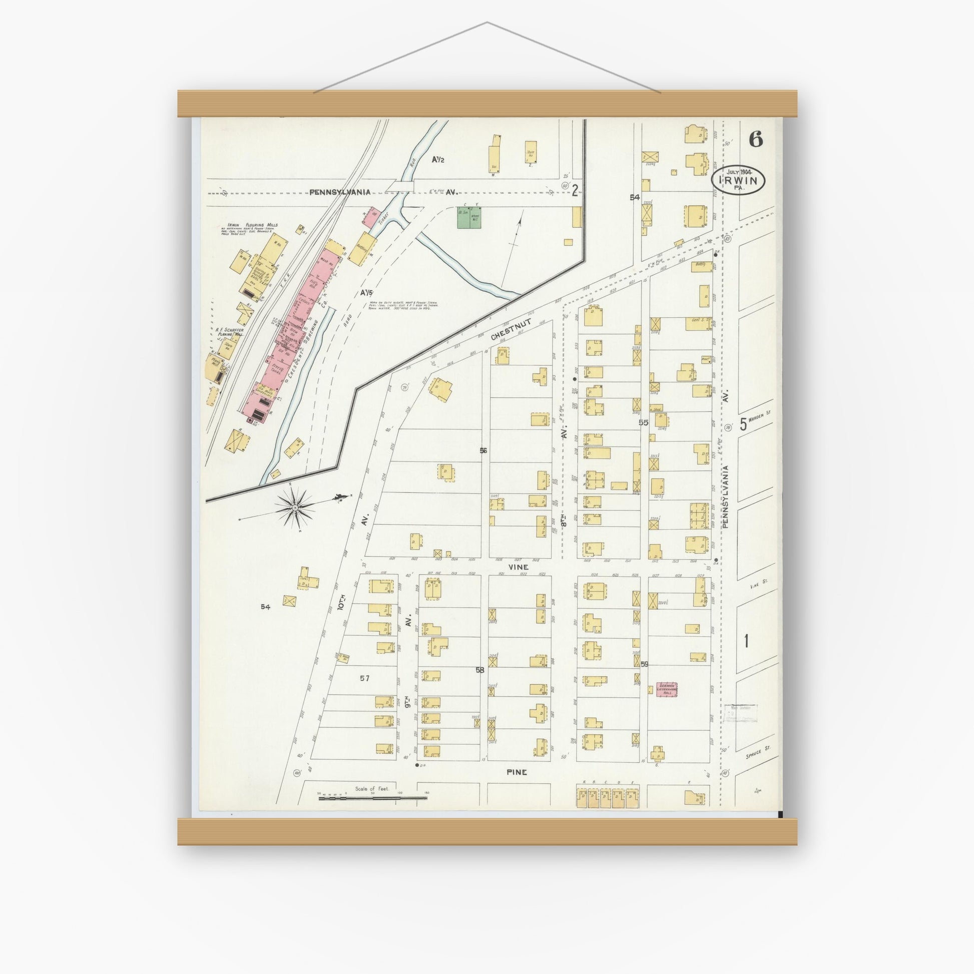 Old map wall art mockup — magnetic wood frame on white wall — Sanborn Fire Insurance Map from Irwin, Westmoreland County, Pennsylvania (1904), Sheet #0006