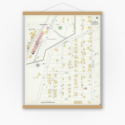 Old map wall art mockup — magnetic wood frame on white wall — Sanborn Fire Insurance Map from Irwin, Westmoreland County, Pennsylvania (1904), Sheet #0006