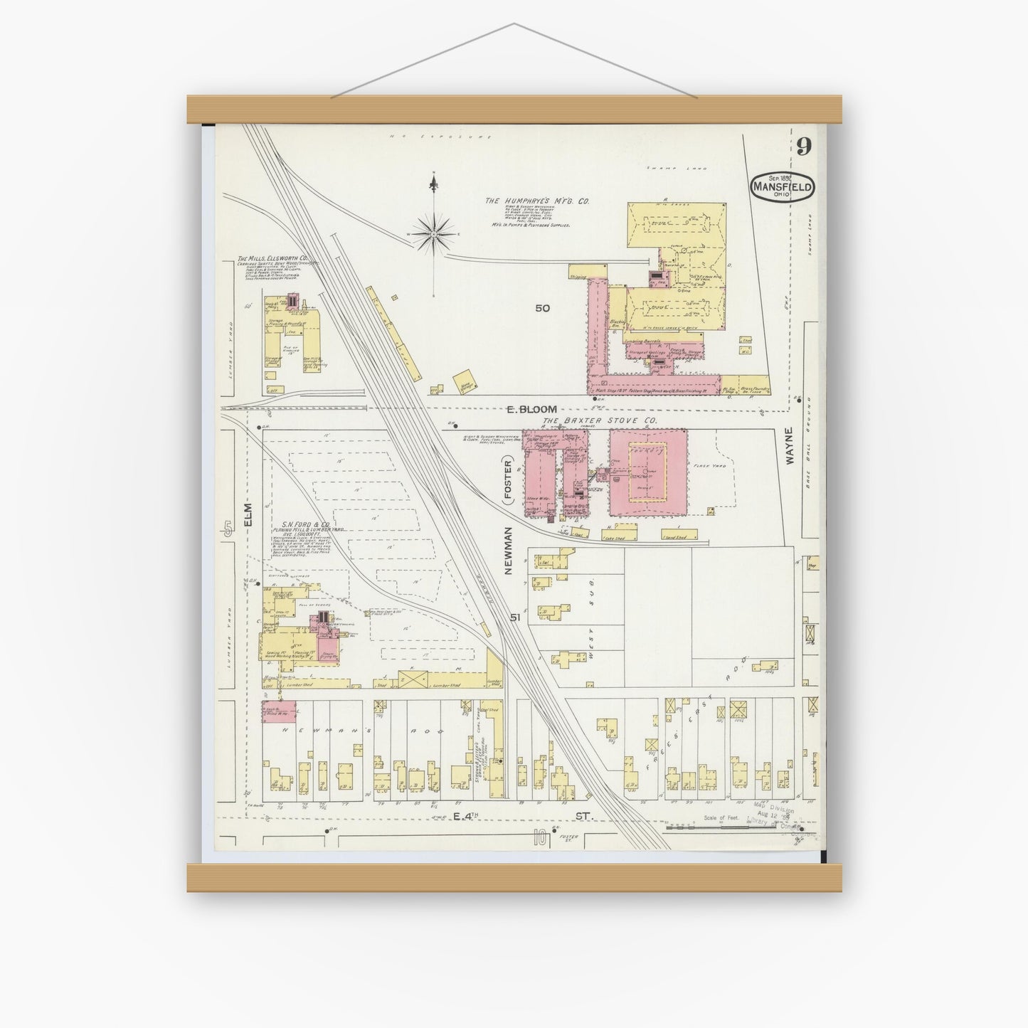 Old map wall art mockup — magnetic wood frame on white wall — Sanborn Fire Insurance Map from Mansfield, Richland County, Ohio (1892), Sheet #0009