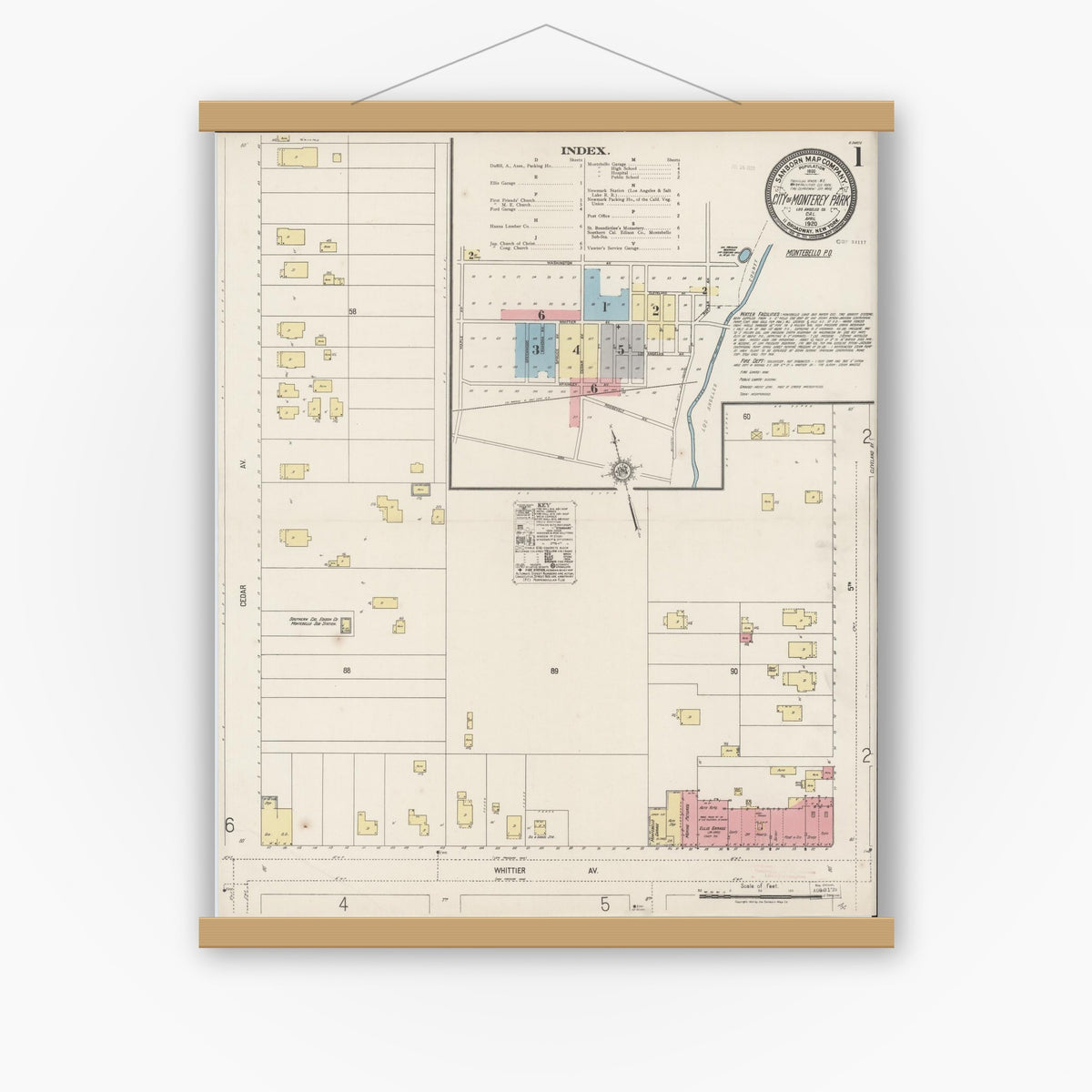 Old map wall art mockup — magnetic wood frame on white wall — Sanborn Fire Insurance Map from Monterey Park, Los Angeles County, California (1920), Sheet #0001