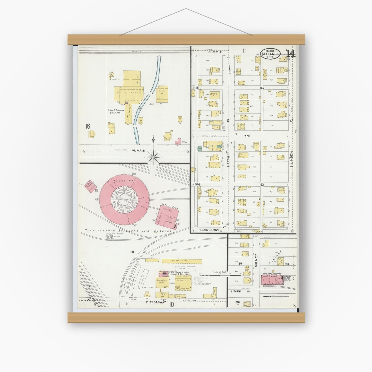Old map wall art mockup — magnetic wood frame on white wall — Sanborn Fire Insurance Map from Alliance, Stark County, Ohio (1904), Sheet #0014