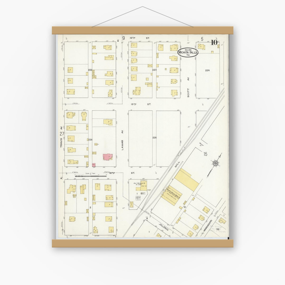 Old map wall art mockup — magnetic wood frame on white wall — Sanborn Fire Insurance Map from Wichita Falls, Wichita County, Texas (1915), Sheet #0010