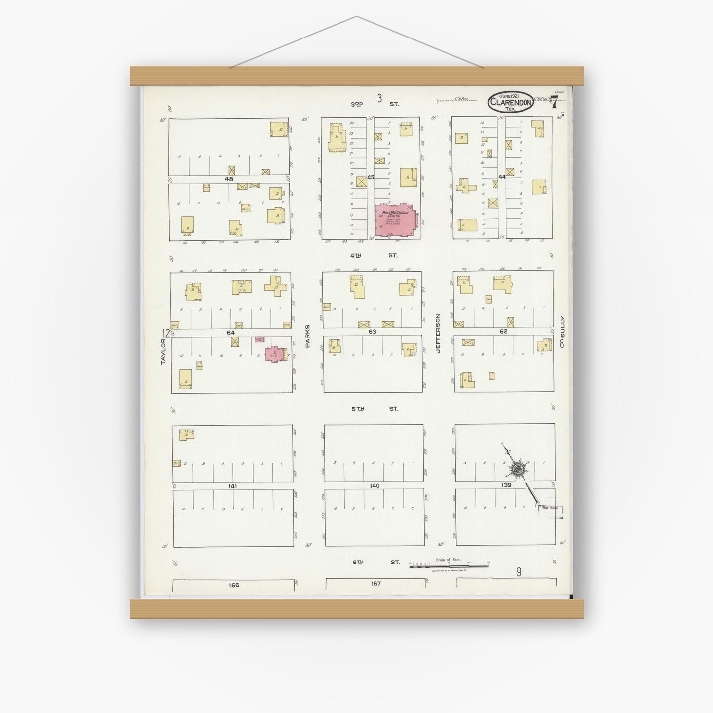 Old map wall art mockup — magnetic wood frame on white wall — Sanborn Fire Insurance Map from Clarendon, Donley County, Texas (1921), Sheet #0007