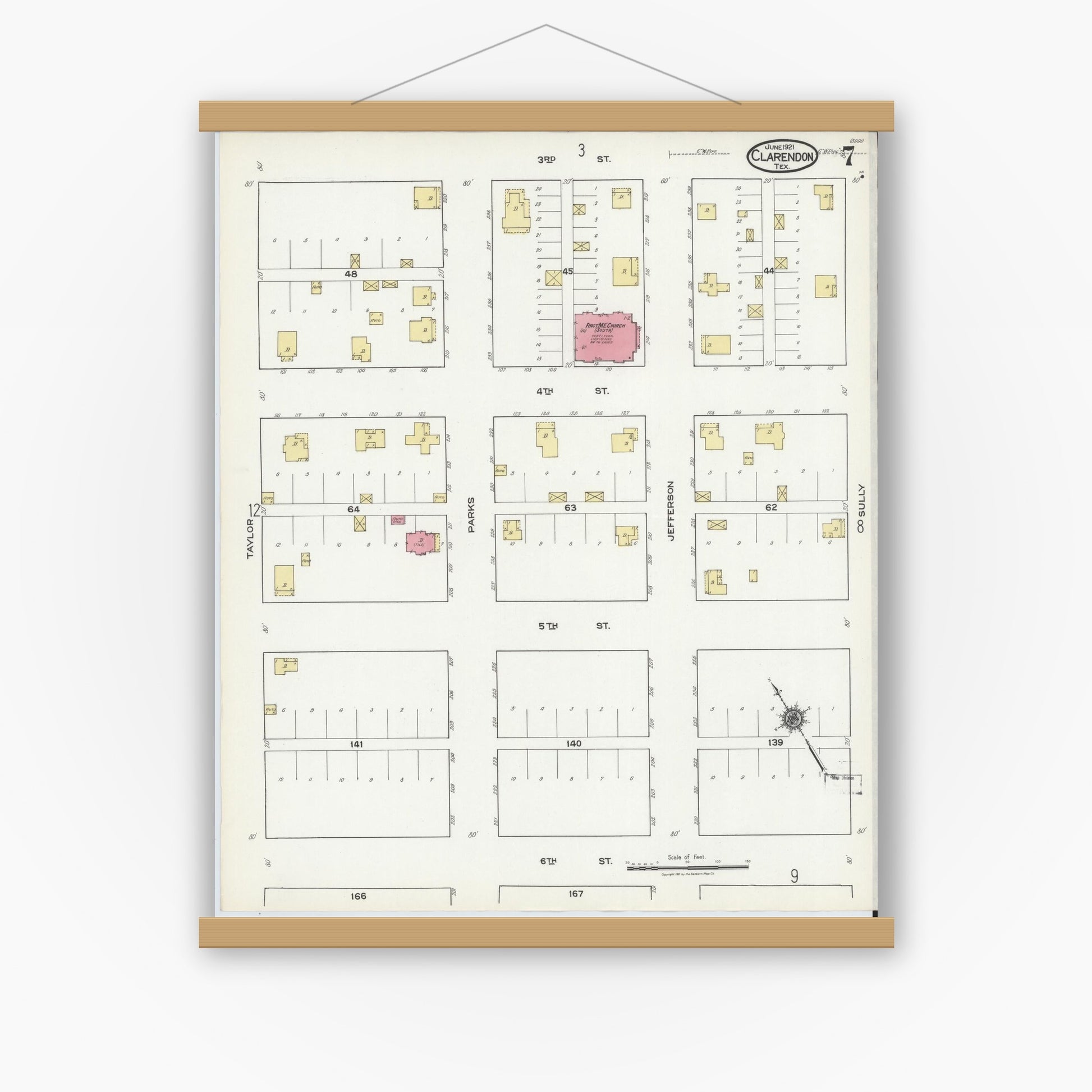 Old map wall art mockup — magnetic wood frame on white wall — Sanborn Fire Insurance Map from Clarendon, Donley County, Texas (1921), Sheet #0007
