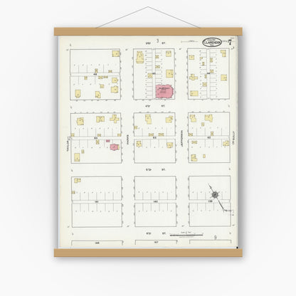 Old map wall art mockup — magnetic wood frame on white wall — Sanborn Fire Insurance Map from Clarendon, Donley County, Texas (1921), Sheet #0007