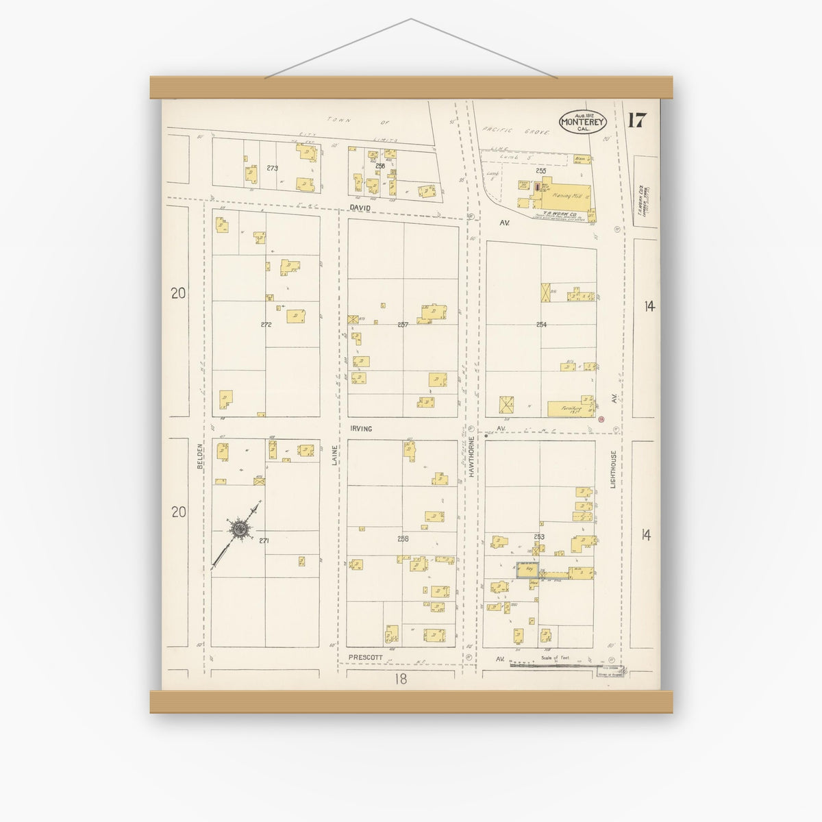 Old map wall art mockup — magnetic wood frame on white wall — Sanborn Fire Insurance Map from Monterey, Monterey County, California (1912), Sheet #0017