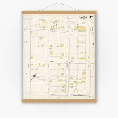 Old map wall art mockup — magnetic wood frame on white wall — Sanborn Fire Insurance Map from Monterey, Monterey County, California (1912), Sheet #0017