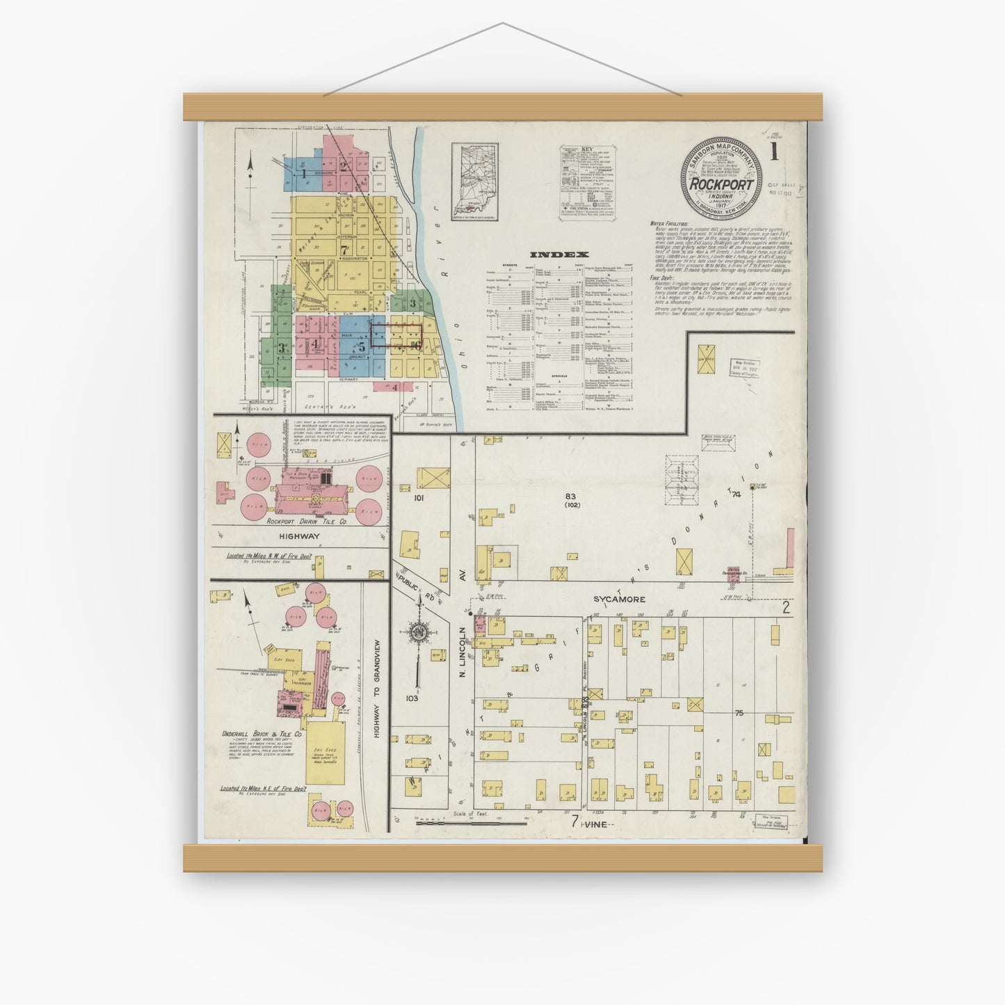 Old map wall art mockup — magnetic wood frame on white wall — Sanborn Fire Insurance Map from Rockport, Spencer County, Indiana (1917) - Complete Map Set