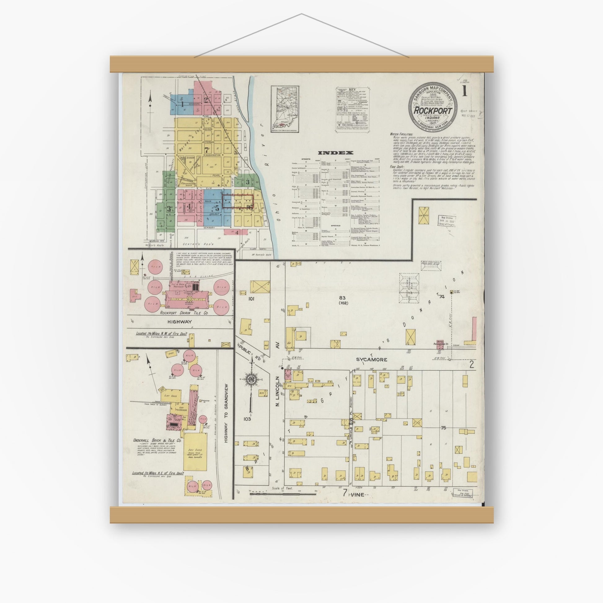 Old map wall art mockup — magnetic wood frame on white wall — Sanborn Fire Insurance Map from Rockport, Spencer County, Indiana (1917) - Complete Map Set