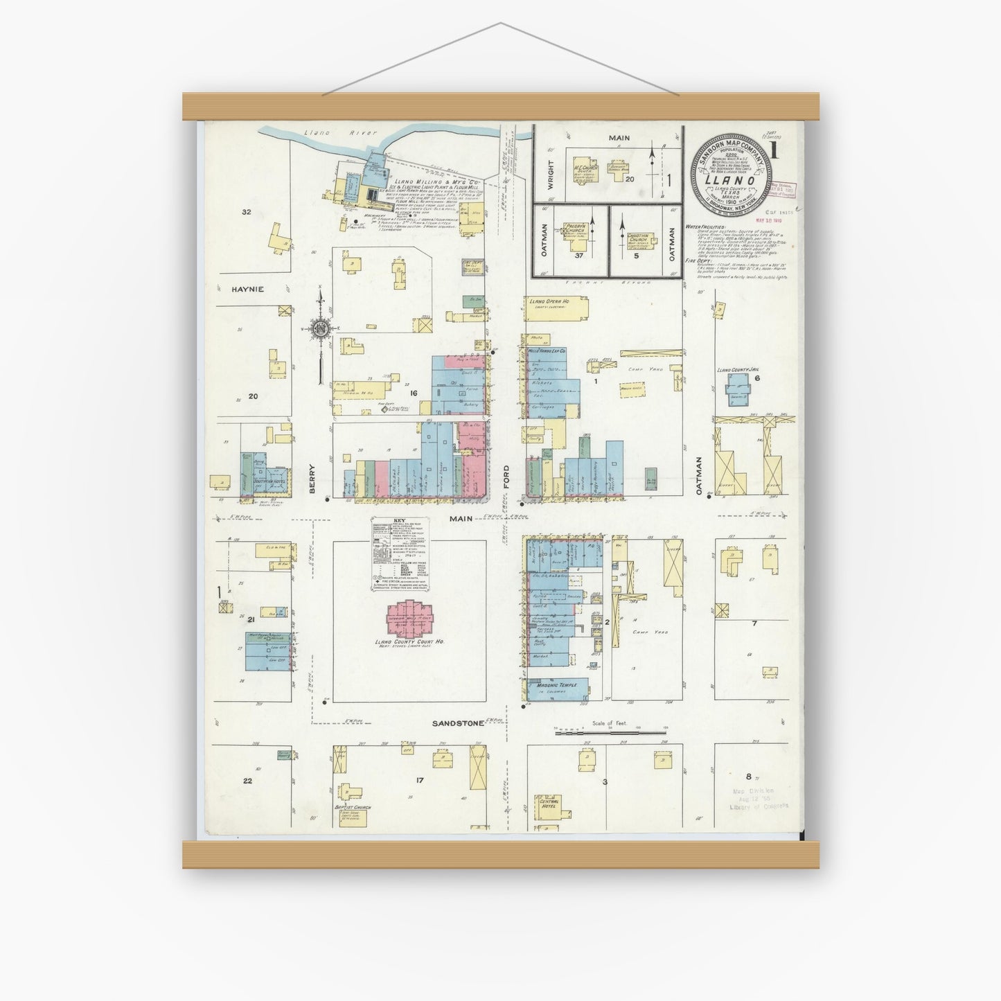 Old map wall art mockup — magnetic wood frame on white wall — Sanborn Fire Insurance Map from Llano, Llano County, Texas (1910), Sheet #0001