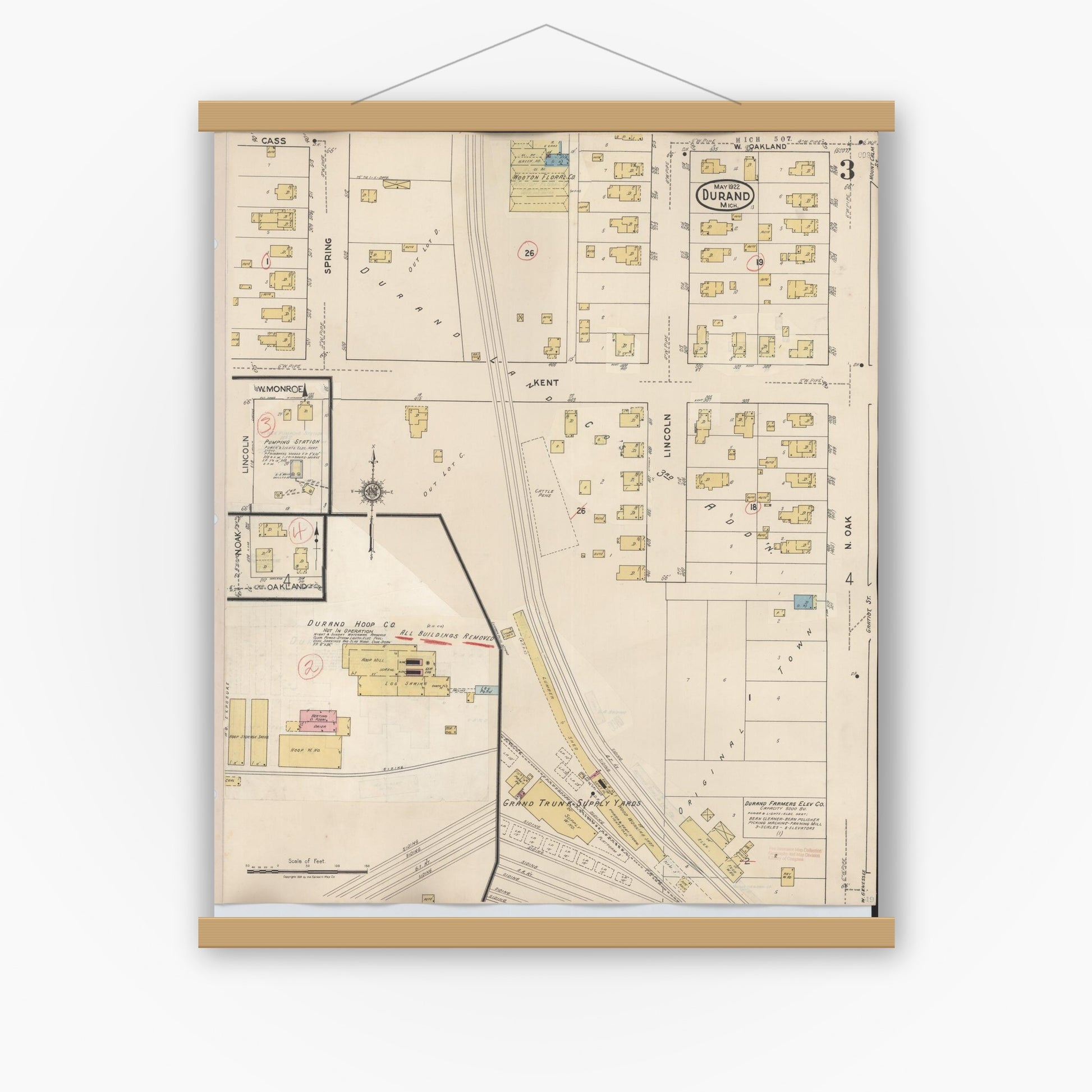 Old map wall art mockup — magnetic wood frame on white wall — Sanborn Fire Insurance Map from Durand, Shiawassee County, Michigan (1944), Sheet #0003