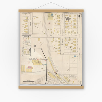 Old map wall art mockup — magnetic wood frame on white wall — Sanborn Fire Insurance Map from Durand, Shiawassee County, Michigan (1944), Sheet #0003
