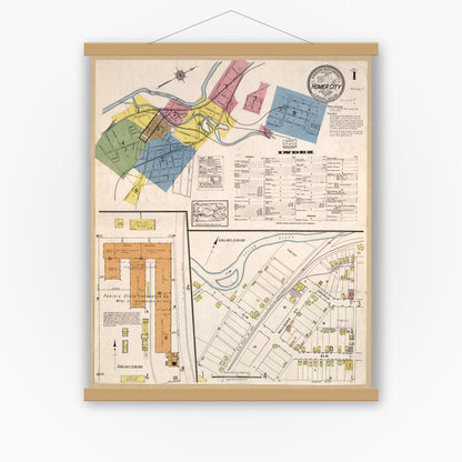 Old map wall art mockup — magnetic wood frame on white wall — Sanborn Fire Insurance Map from Homer City, Indiana County, Pennsylvania (1917), Sheet #0001