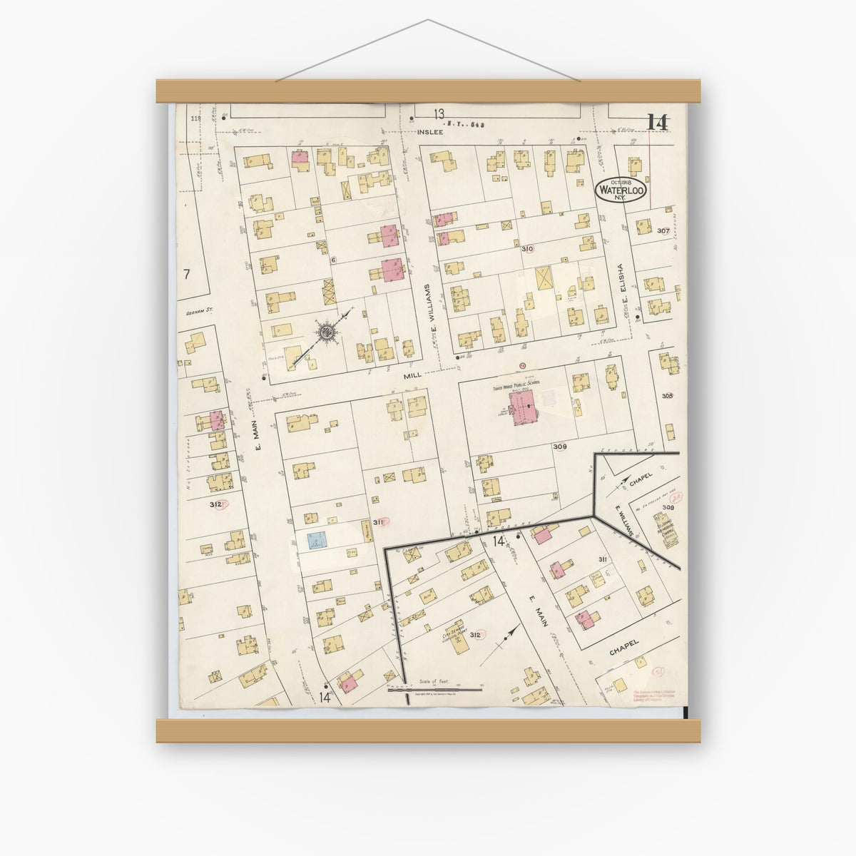 Old map wall art mockup — magnetic wood frame on white wall — Sanborn Fire Insurance Map from Waterloo, Seneca County, New York (1948), Sheet #0014