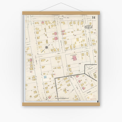 Old map wall art mockup — magnetic wood frame on white wall — Sanborn Fire Insurance Map from Waterloo, Seneca County, New York (1948), Sheet #0014