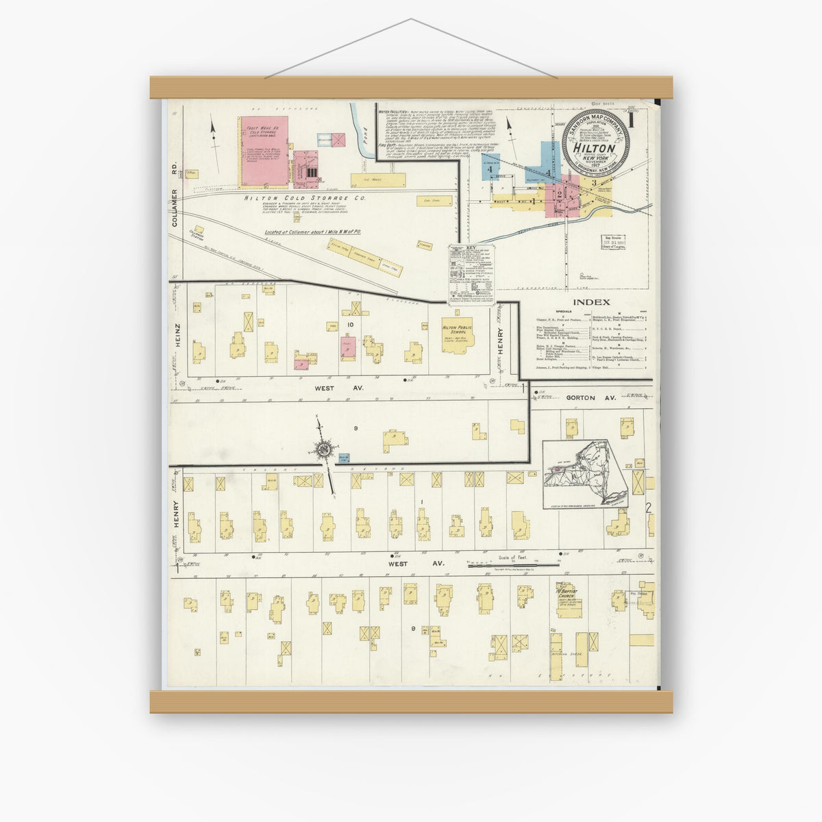 Old map wall art mockup — magnetic wood frame on white wall — Sanborn Fire Insurance Map from Hilton, Monroe County, New York (1917) - Complete Map Set