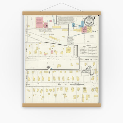 Old map wall art mockup — magnetic wood frame on white wall — Sanborn Fire Insurance Map from Hilton, Monroe County, New York (1917) - Complete Map Set