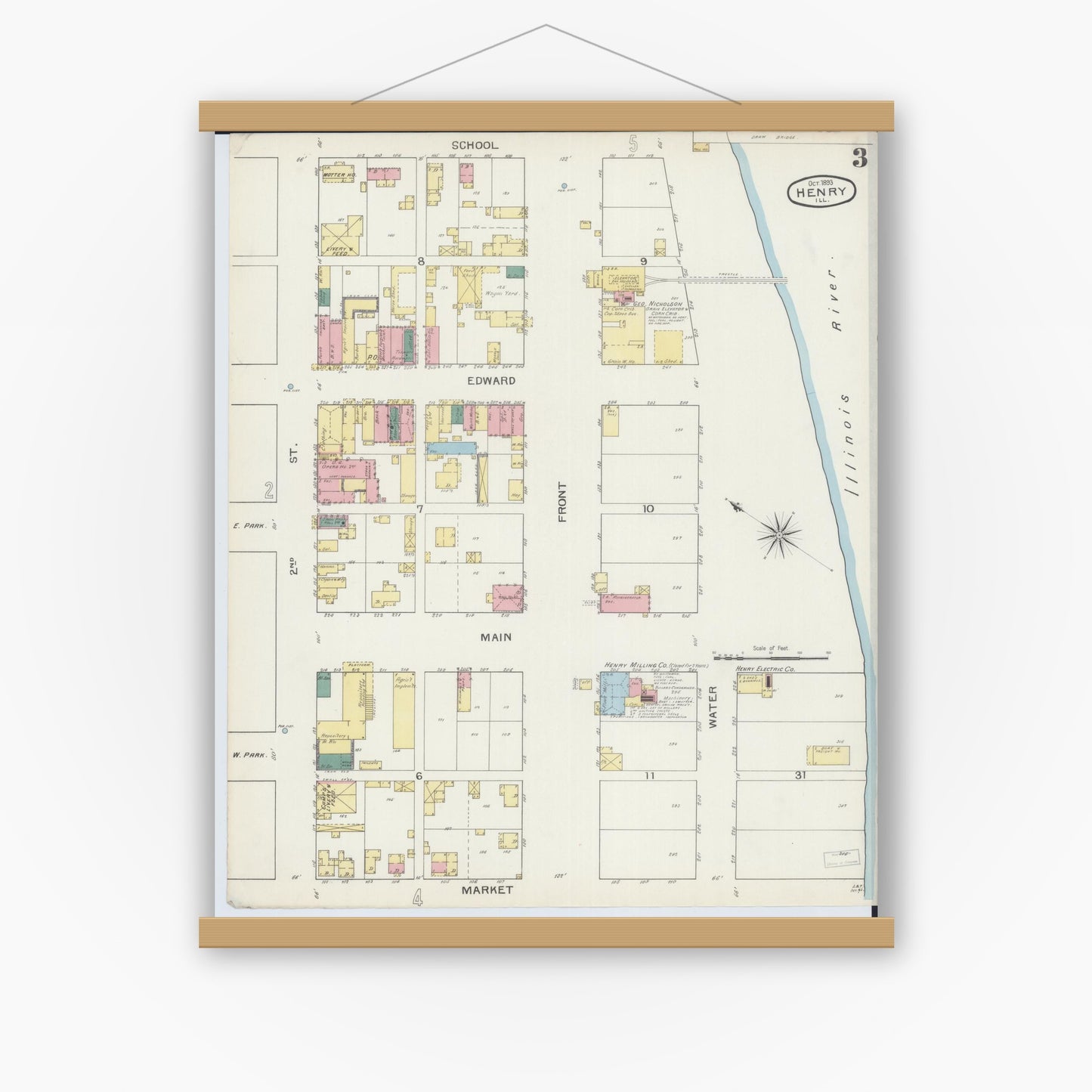Old map wall art mockup — magnetic wood frame on white wall — Sanborn Fire Insurance Map from Henry, Marshall County, Illinois (1893), Sheet #0003
